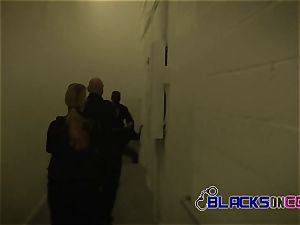 Computer thief is caught stealing by mischievous milf cops at warehouse